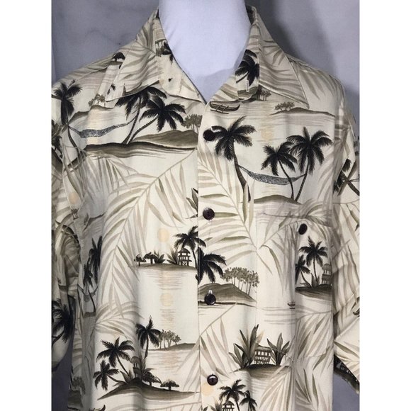 Go Barefoot Aloha Hawaiian Tiki Shirt‎ Beige Dark Green Palm Trees Medium - Picture 5 of 10